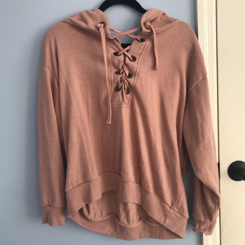 dusty rose hoodie with criss-cross neck detail